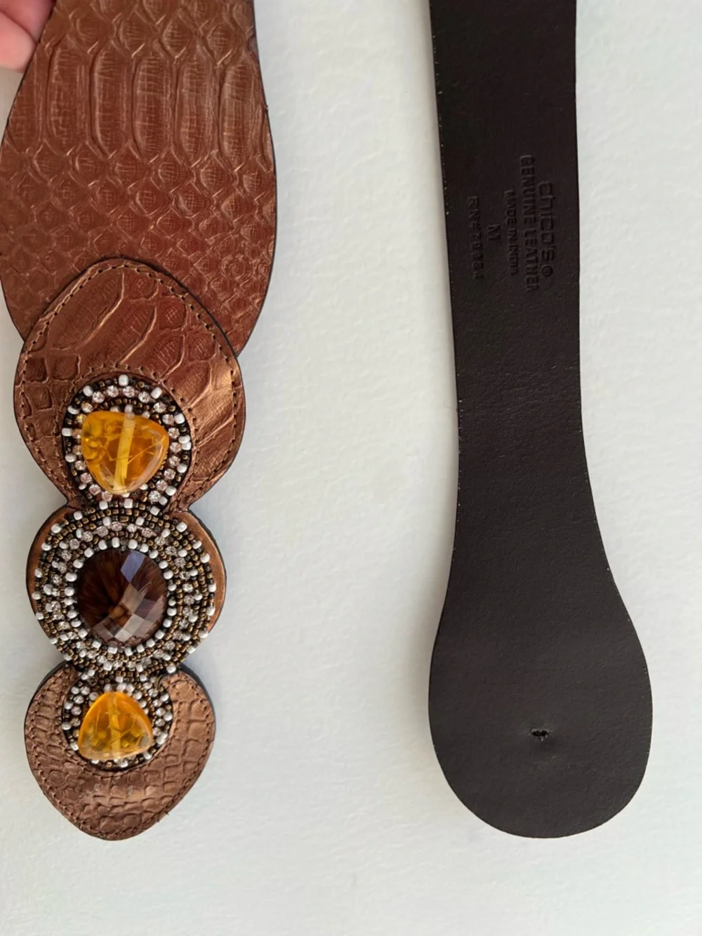 Chico’s Brown Embossed Leather Statement Belt Beaded Gem‎ Wide M
